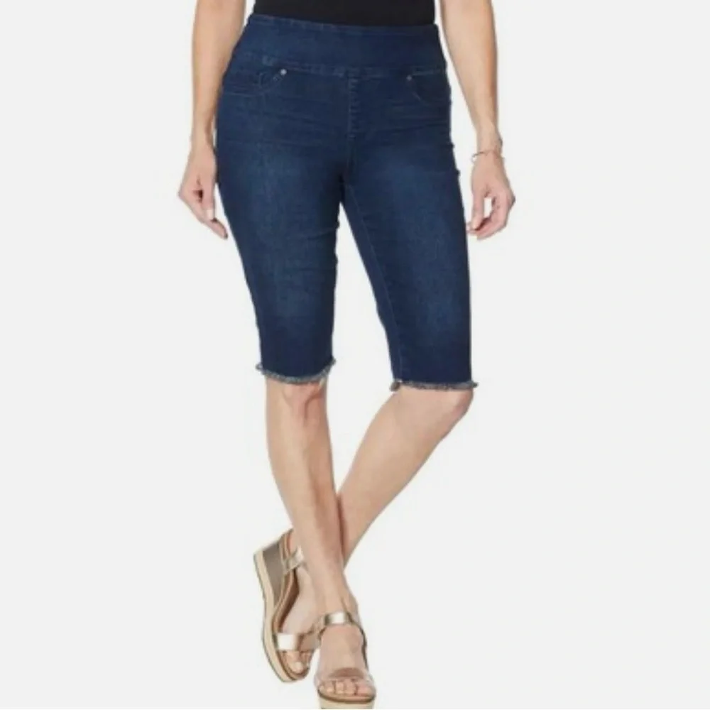 DG2 Diane Gilman Indigo Denim Classic Stretch Pull On Bermuda Shorts Women's L - Picture 1 of 10